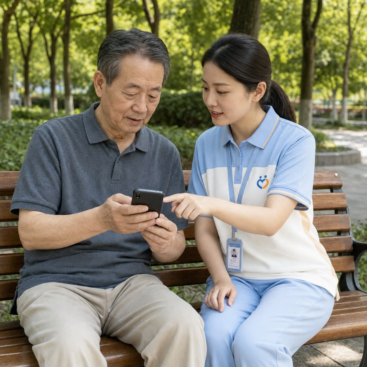 思麒康陪伴师在公园长椅上协助长辈使用手机