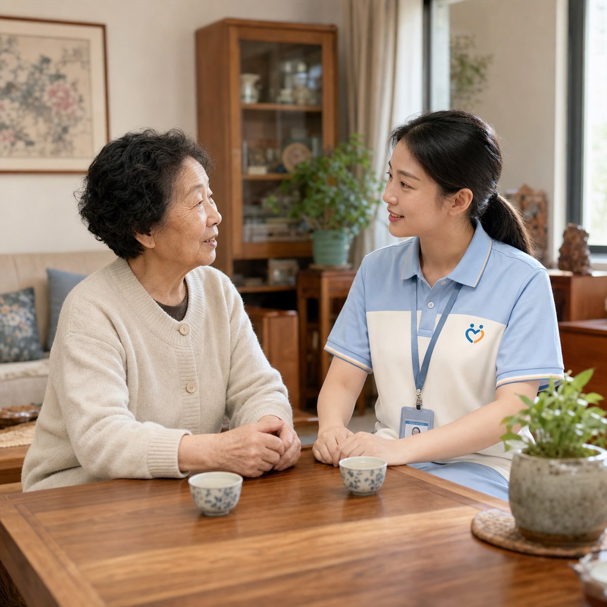 思麒康陪伴师上门探访,在家中陪长辈说话