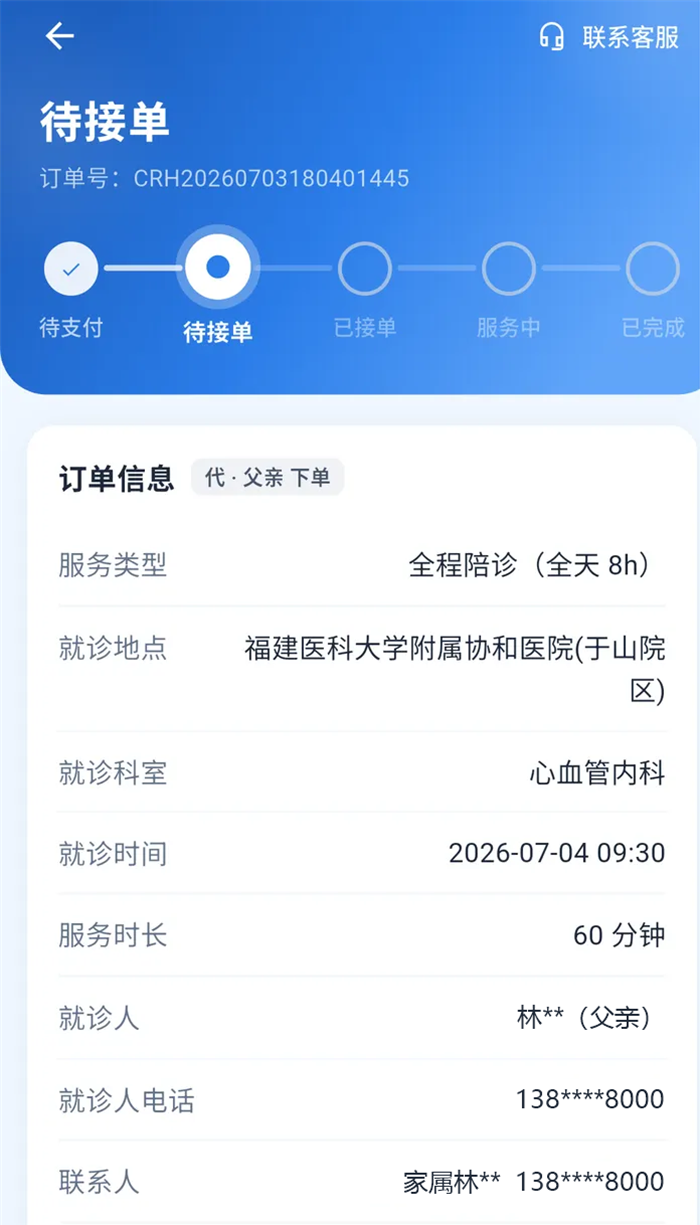 订单详情截图:五节点进度条与订单信息,标注为代父亲下单