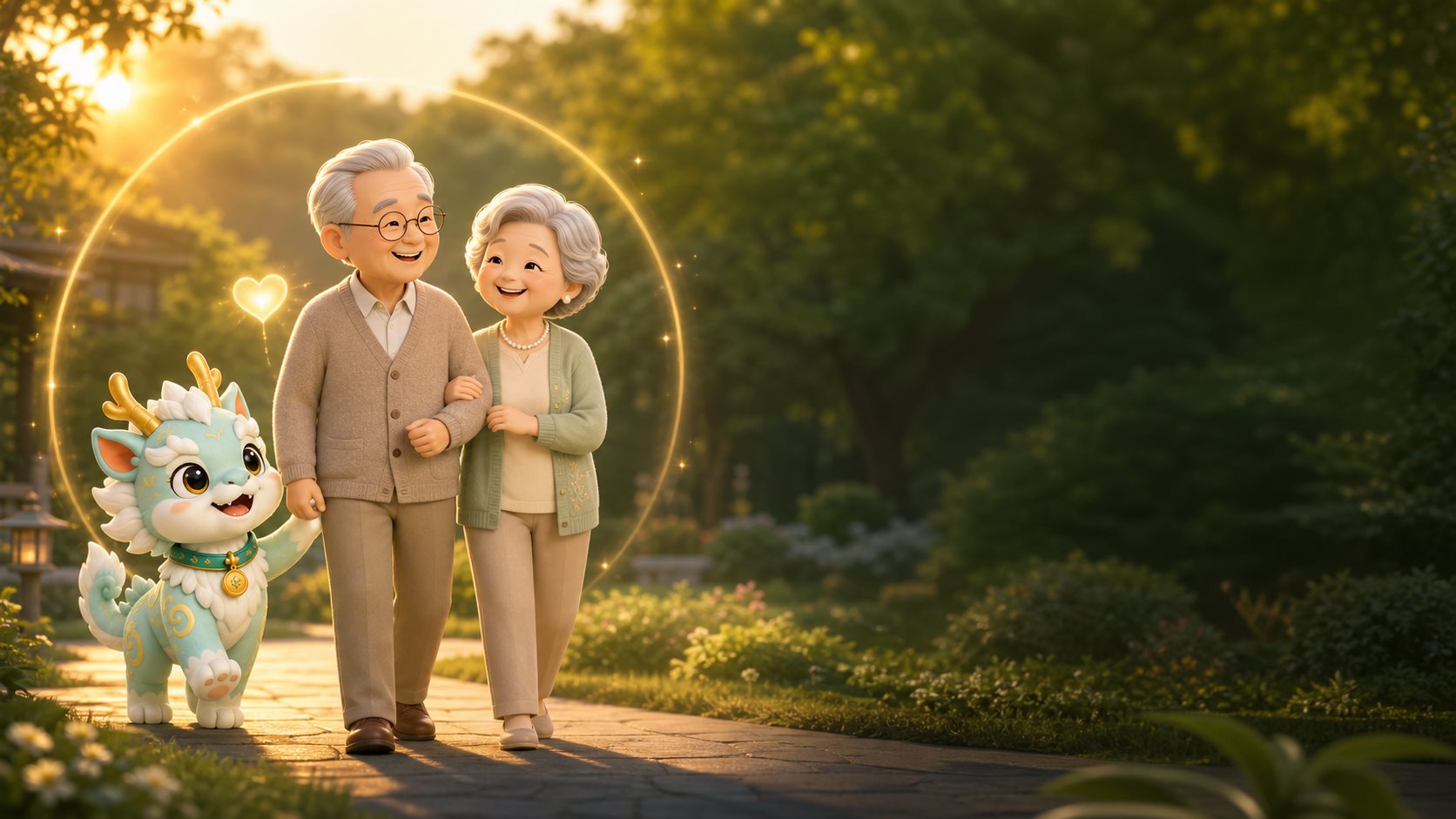 品牌吉祥物小麒陪伴长辈夫妇在林间散步