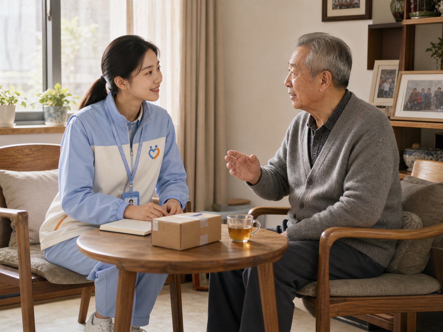 身着统一制服的陪伴师上门探访独居长者