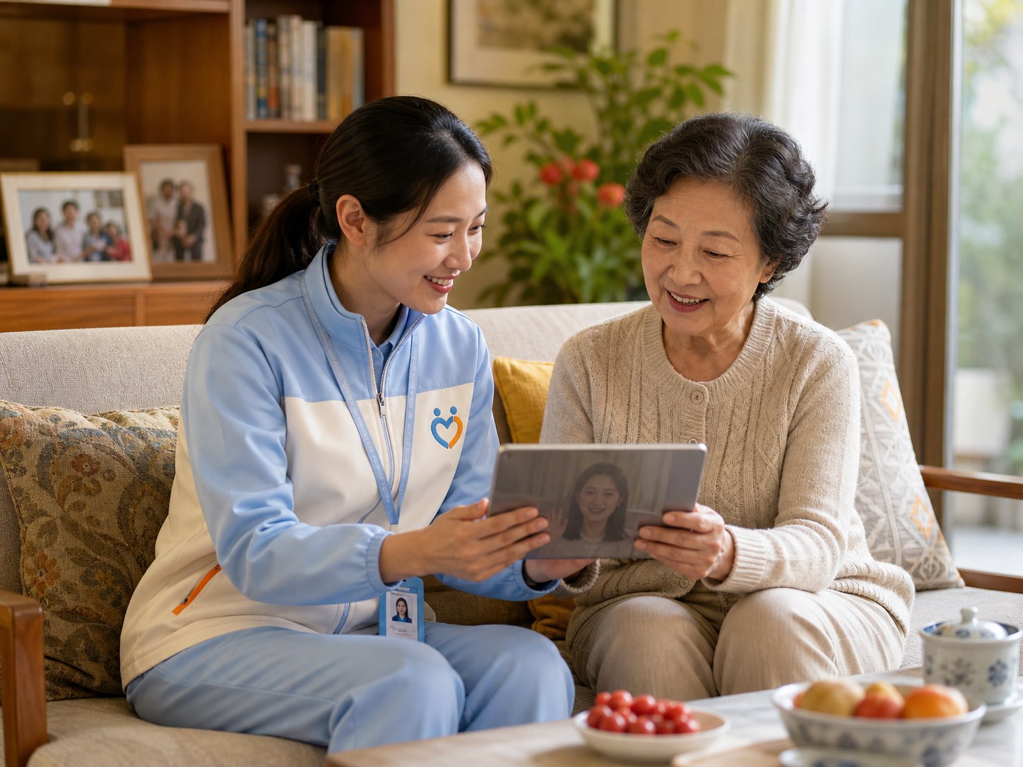 陪伴师上门探访长辈，并通过视频向异地子女同步近况