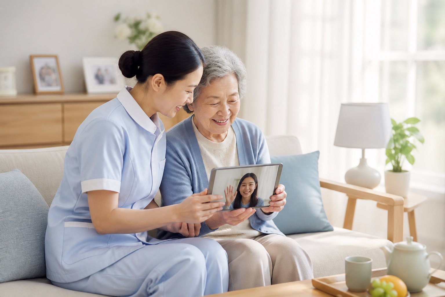陪伴师陪长辈在家中用平板电脑与异地子女视频通话