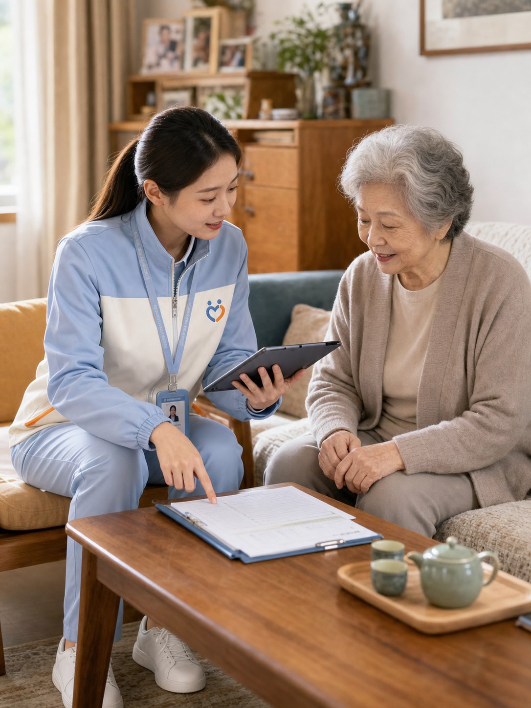 身着统一制服的陪伴师与长者共同确认服务记录