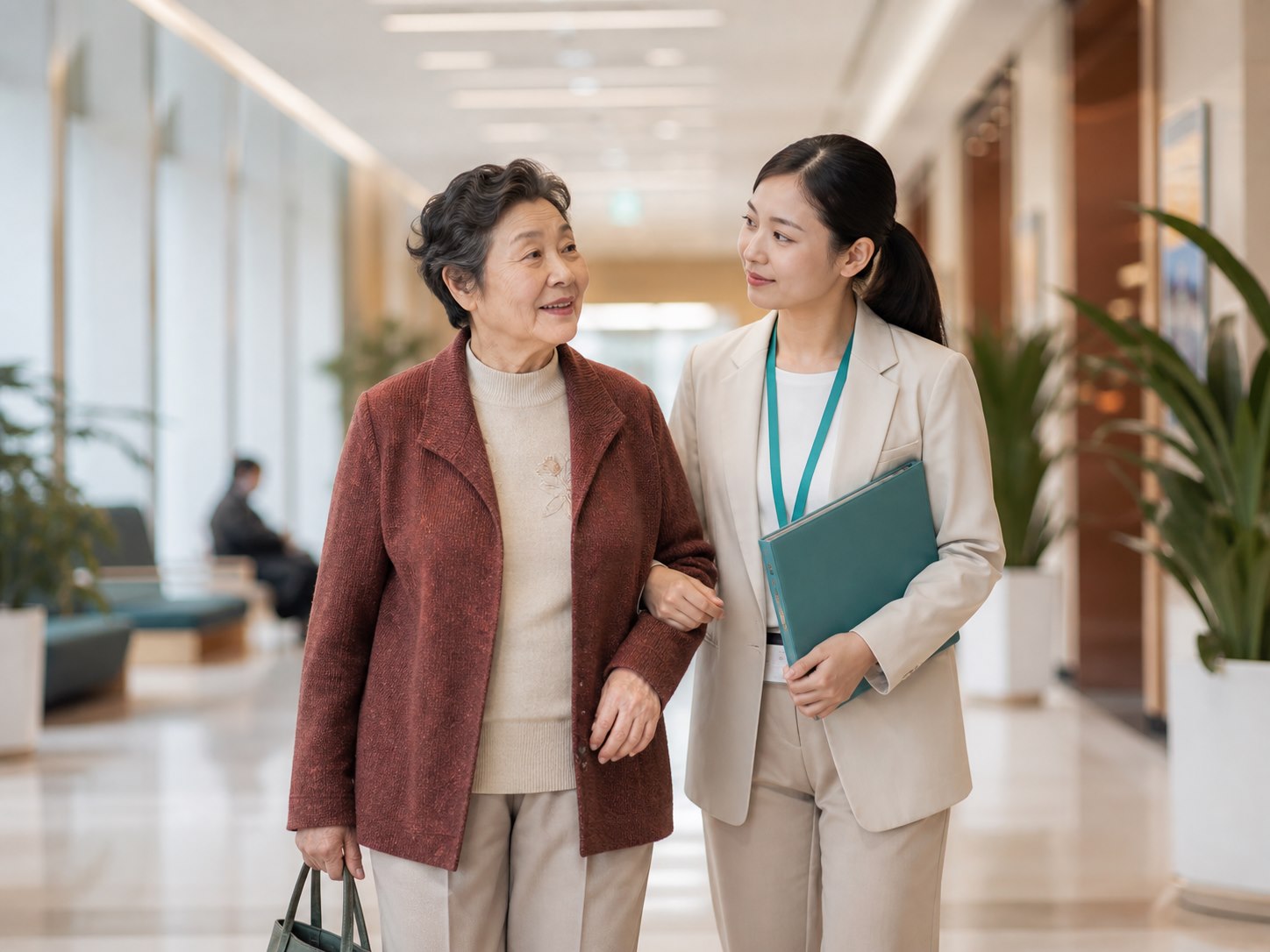 陪伴师搀扶陪同长辈前往就诊