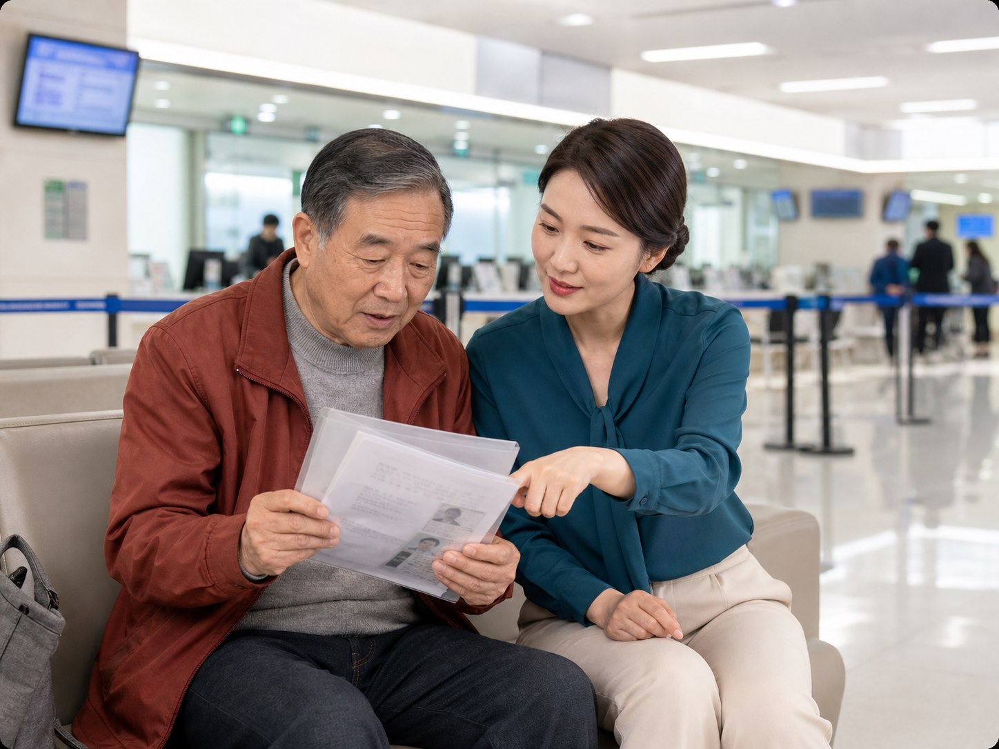 陪伴师与长辈在办事大厅核对材料