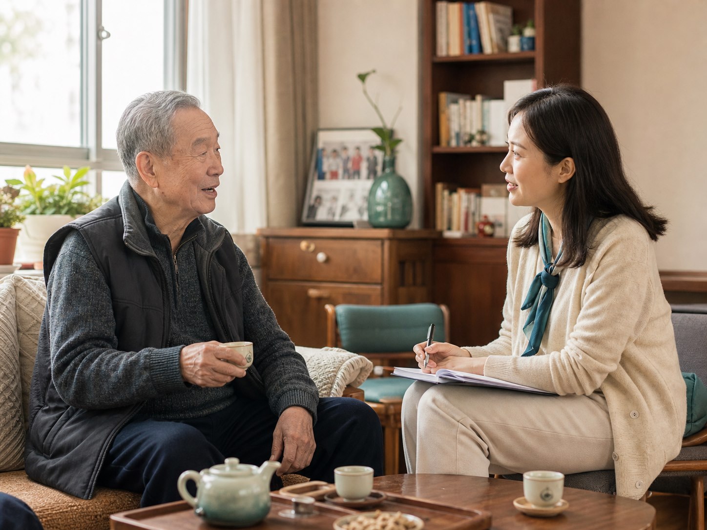 陪伴师上门探访,与长辈在窗边喝茶交谈