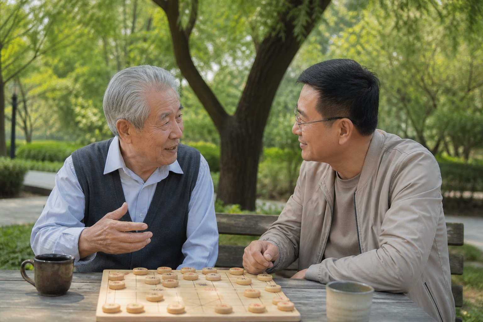 长辈在公园树荫下与人下象棋聊天