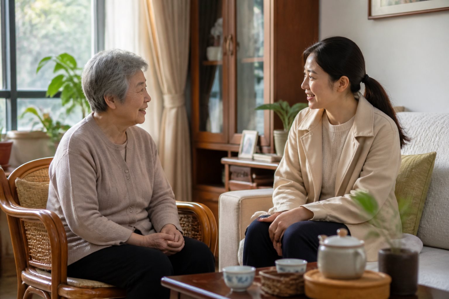 陪伴师上门探访，与长辈在客厅面对面聊天