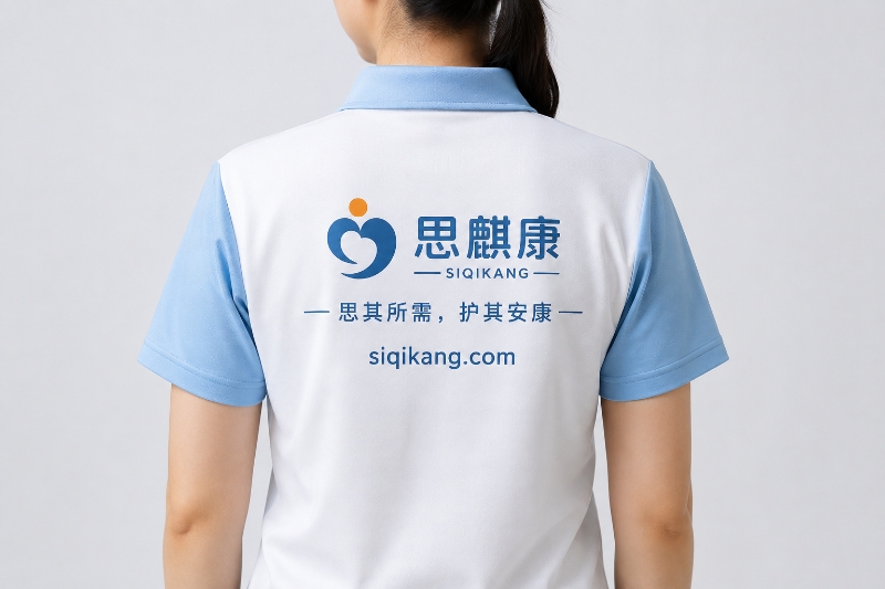 思麒康统一工作服背面，印有品牌标识与口号